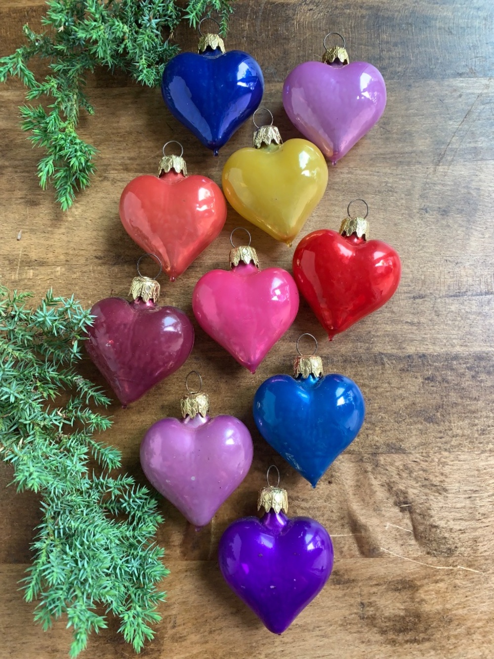 Iridescent Blown Glass Heart Ornaments Set of 10 – Multicolor – Vintage